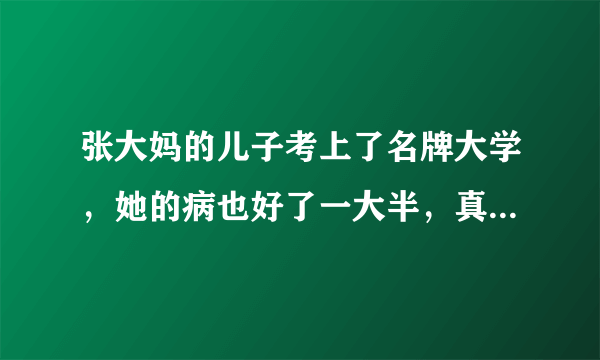 张大妈的儿子考上了名牌大学，她的病也好了一大半，真是：“”。（填谚语）