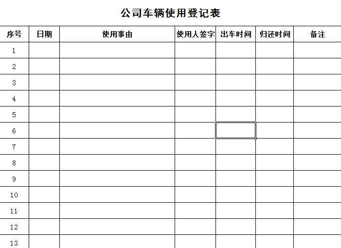 车辆使用登记表