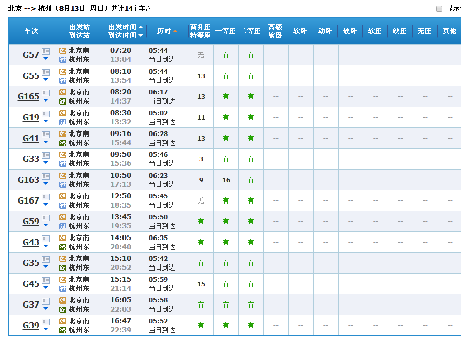 北京到杭州的高铁时刻表？