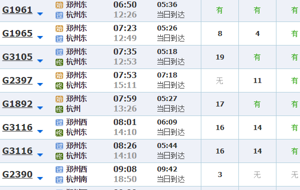 郑州到杭州有哪些高铁？