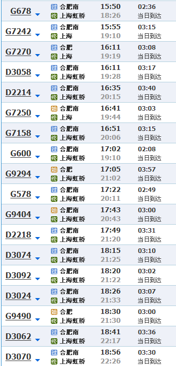 合肥到上海动车时刻表