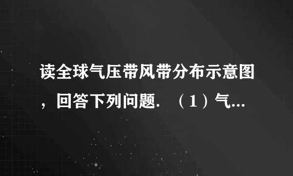 读全球气压带风带分布示意图，回答下列问题．（1）气压带A的名称是______，气压带C的名称是______，）（2