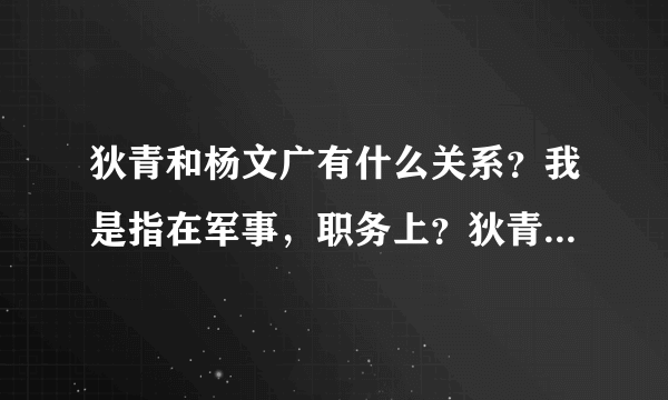 狄青和杨文广有什么关系？我是指在军事，职务上？狄青的夫人是谁？另外有狄青生世更好，演艺里的太假。