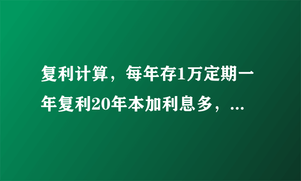 复利计算，每年存1万定期一年复利20年本加利息多，还是每年存1万定期5年复利20年本加利息多呢